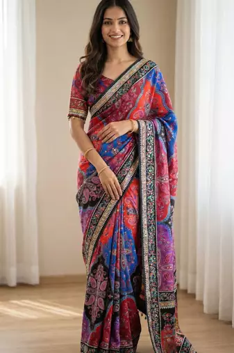 Multi Color ajarakh Print And All Saree Real Mirror work  Work Silk Saree