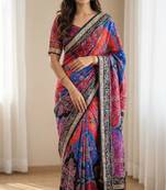 Multi Color ajarakh Print And All Saree Real Mirror work  Work Silk Saree