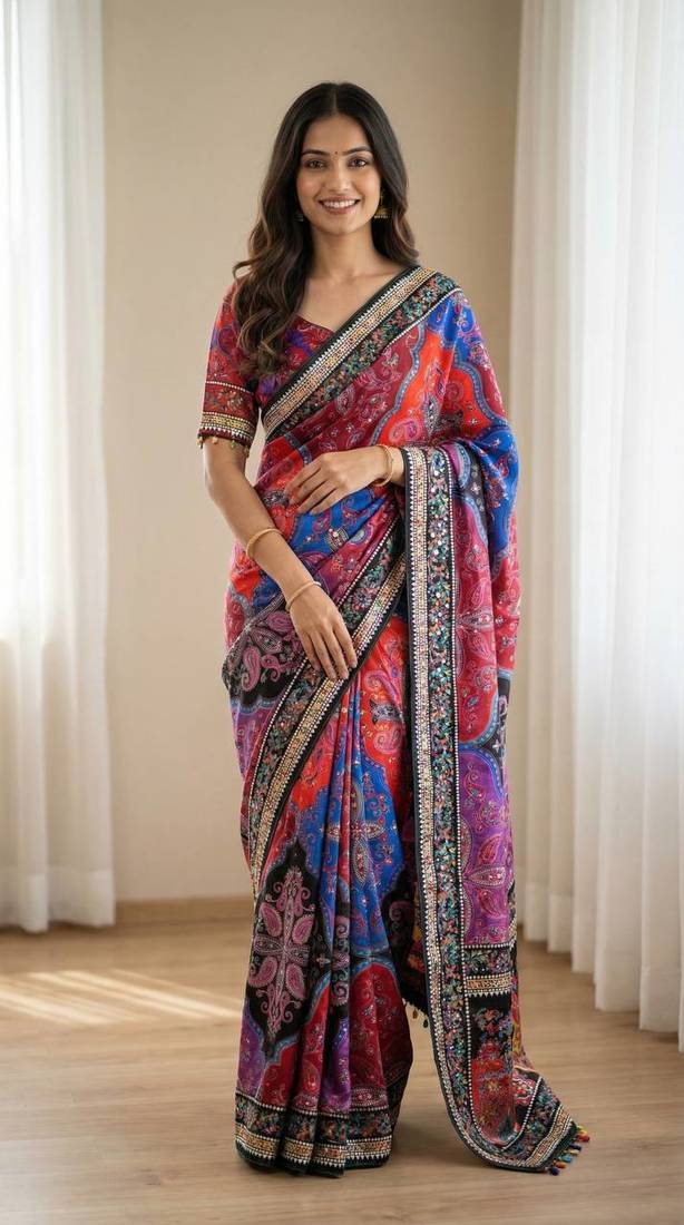 Multi Color ajarakh Print And All Saree Real Mirror work  Work Silk Saree