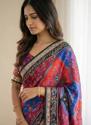 Multi Color ajarakh Print And All Saree Real Mirror work  Work Silk Saree 2