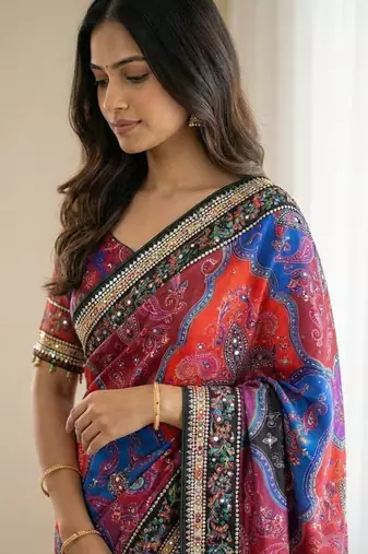 Multi Color ajarakh Print And All Saree Real Mirror work  Work Silk Saree