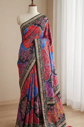 Multi Color ajarakh Print And All Saree Real Mirror work  Work Silk Saree