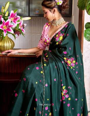 Dark green color flower print and handwork chinon art silk saree 1