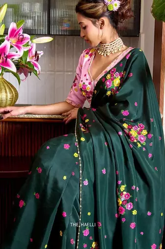 Dark green color flower print and handwork chinon silk saree