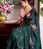 Dark green color flower print and handwork chinon silk saree