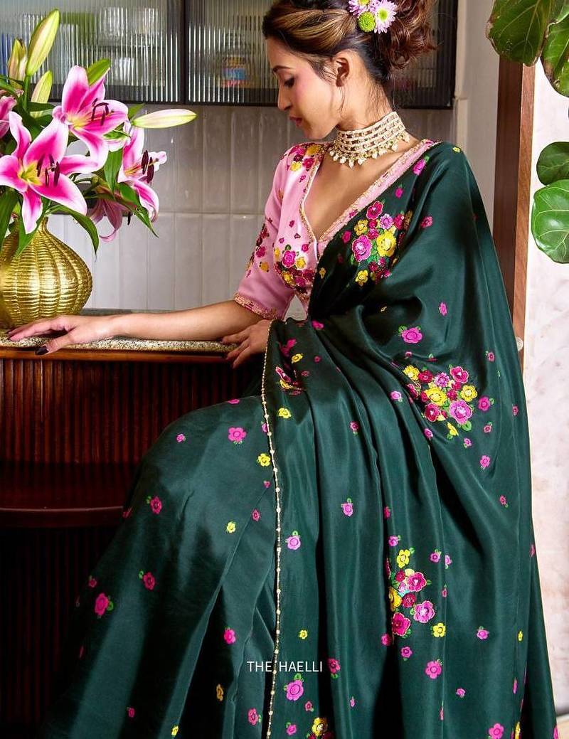Dark green color flower print and handwork chinon silk saree