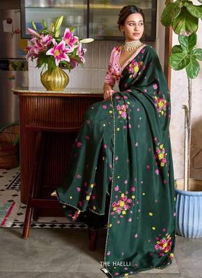 Dark green color flower print and handwork chinon art silk saree 2