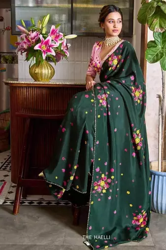 Dark green color flower print and handwork chinon art silk saree