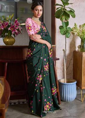 Dark green color flower print and handwork chinon art silk saree 3