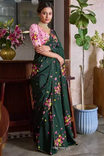 Dark green color flower print and handwork chinon art silk saree