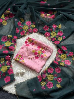 Dark green color flower print and handwork chinon art silk saree 4