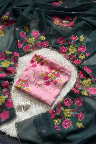 Dark green color flower print and handwork chinon art silk saree