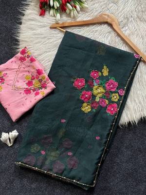 Dark green color flower print and handwork chinon art silk saree 5