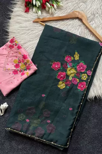 Dark green color flower print and handwork chinon art silk saree