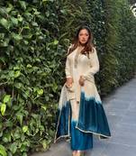 Off-White Roman Glass Ombre Plazzo Suit Set with Mirror Work & Dual Tone Dupatta