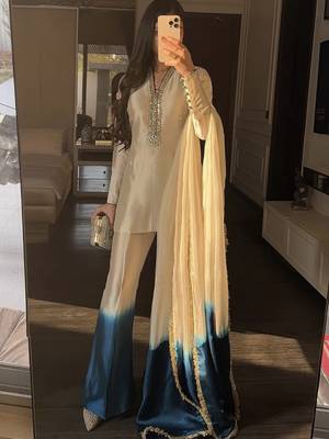 Off-White Roman Glass Ombre Plazzo Suit Set with Mirror Work & Dual Tone Dupatta 3