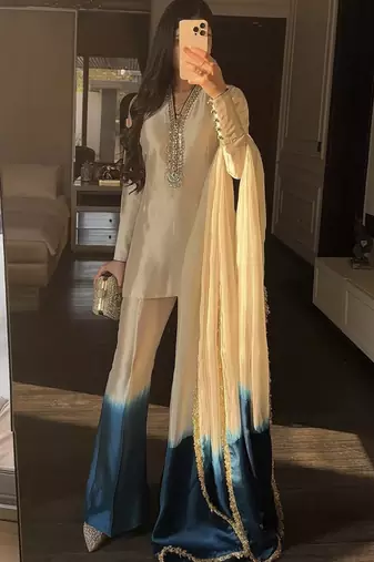 Off-White Roman Glass Ombre Plazzo Suit Set with Mirror Work & Dual Tone Dupatta