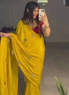 Yellow Color Real Mirror Moti Latkan  Work Chinon art silk saree 2