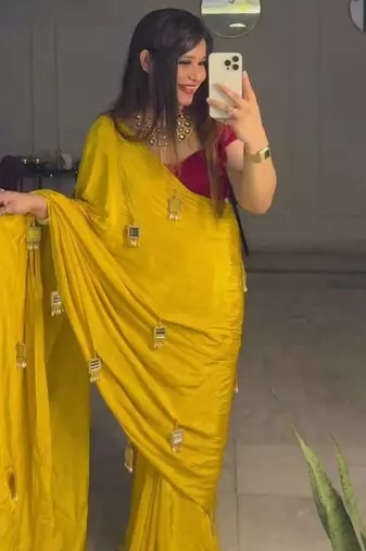 Yellow Color Real Mirror Moti Latkan  Work Chinon art silk saree