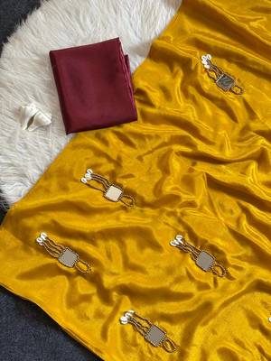 Yellow Color Real Mirror Moti Latkan  Work Chinon art silk saree 3