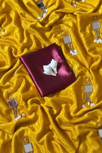 Yellow Color Real Mirror Moti Latkan  Work Chinon Silk Saree