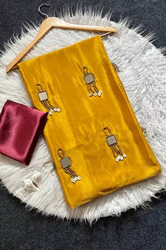 Yellow Color Real Mirror Moti Latkan  Work Chinon art silk saree