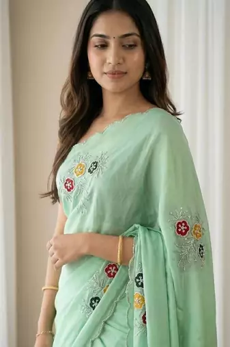 Sea Green Color  Handwork Khatali Butta With Cutdana Sequence work  Silk Saree