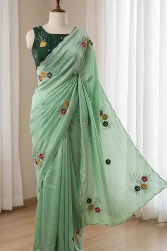 Sea Green Color  Handwork Khatali Butta With Cutdana Sequence work  Silk Saree