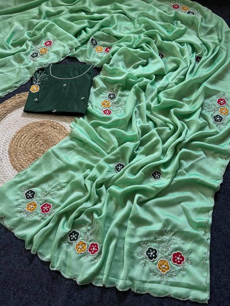 Sea Green Color  Handwork Khatali Butta With Cutdana Sequence work  Silk Saree