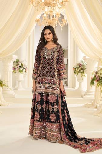 Black natural crepe silk full stitched free size palazzo suits upto 42