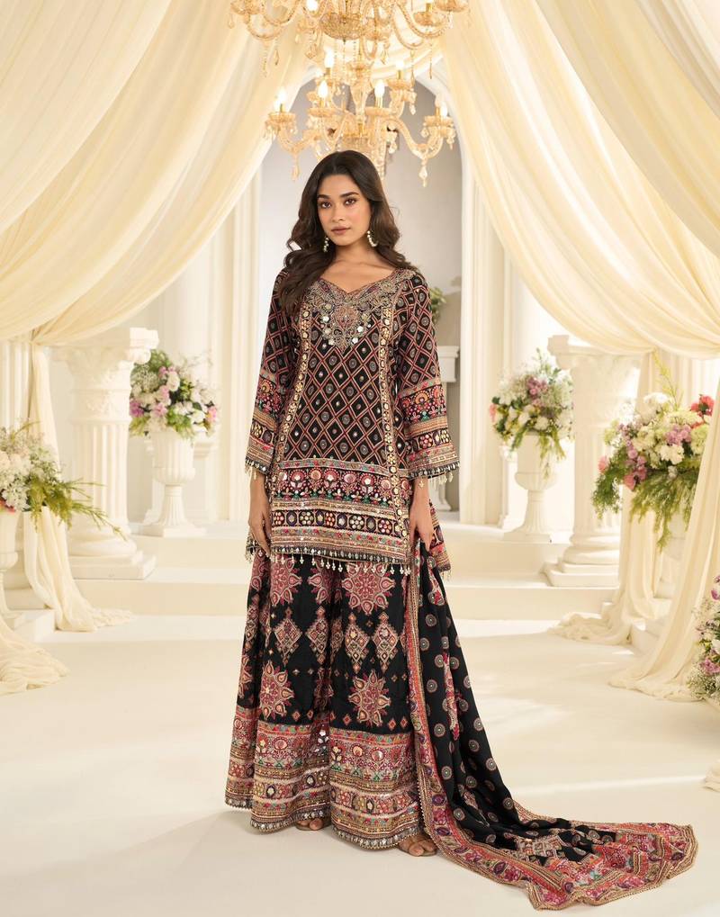 Black natural crepe silk full stitched free size palazzo suits upto 42