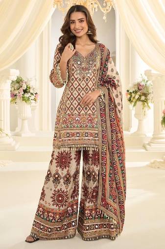 Brown natural crepe silk full stitched free size palazzo suits upto 42