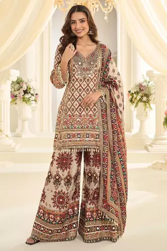 Brown natural crepe silk full stitched free size palazzo suits upto 42