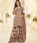 Brown natural crepe silk full stitched free size palazzo suits upto 42