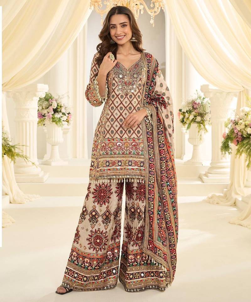 Brown natural crepe silk full stitched free size palazzo suits upto 42