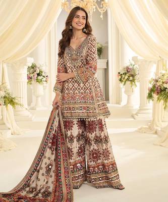 Brown natural crepe silk full stitched free size palazzo suits upto 42 2