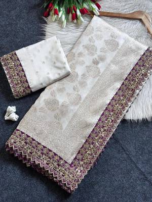 White color embroidery coding & sequence border work art silk saree 1