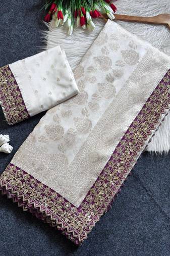 White color embroidery coding & sequence border work silk saree