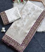 White color embroidery coding & sequence border work silk saree