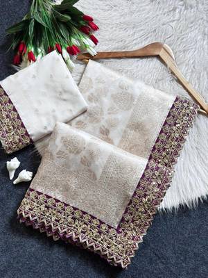 White color embroidery coding & sequence border work art silk saree 2