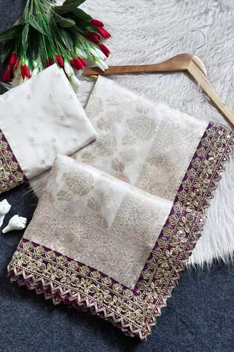 White color embroidery coding & sequence border work art silk saree