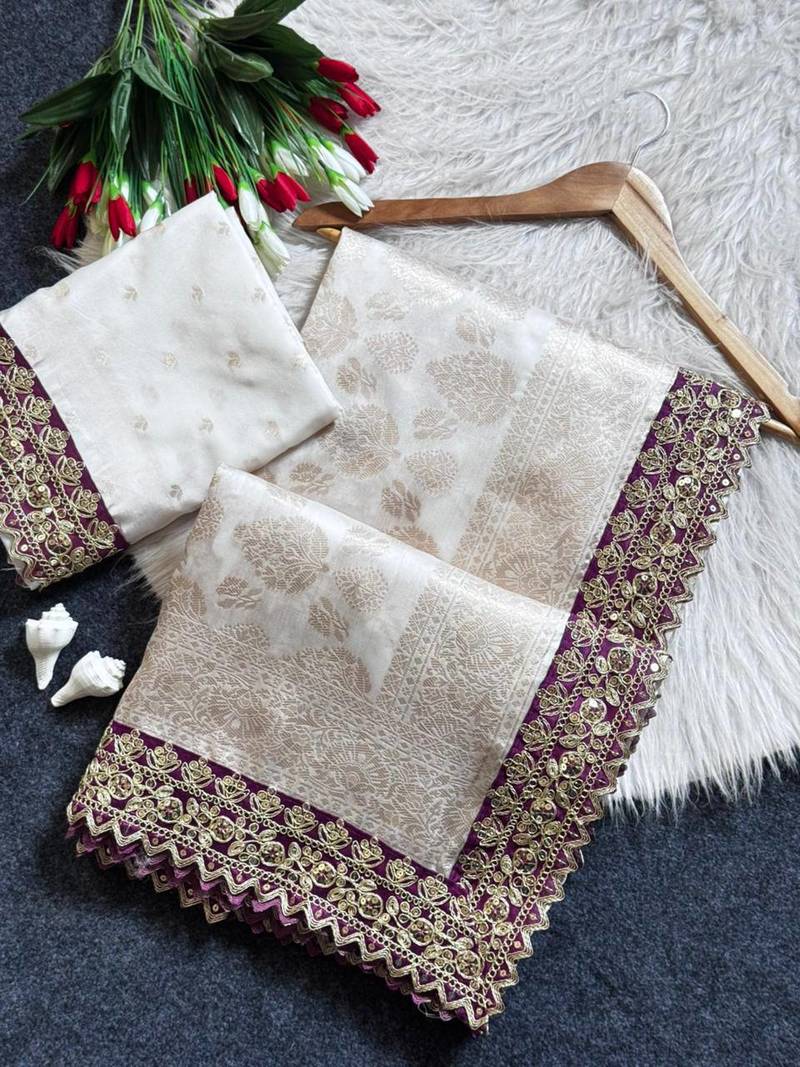 White color embroidery coding & sequence border work silk saree