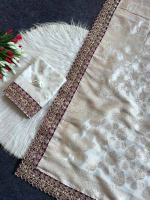 White color embroidery coding & sequence border work art silk saree 3