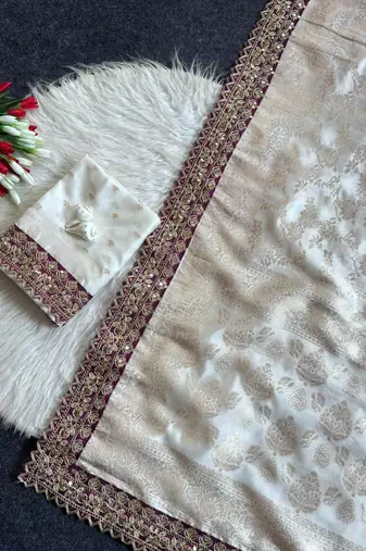 White color embroidery coding & sequence border work art silk saree