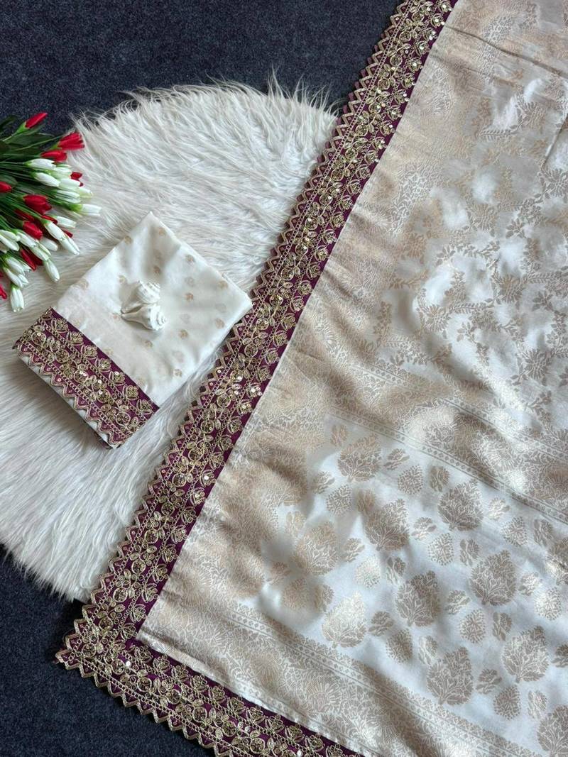 White color embroidery coding & sequence border work silk saree