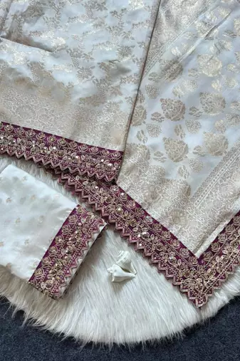 White color embroidery coding & sequence border work art silk saree