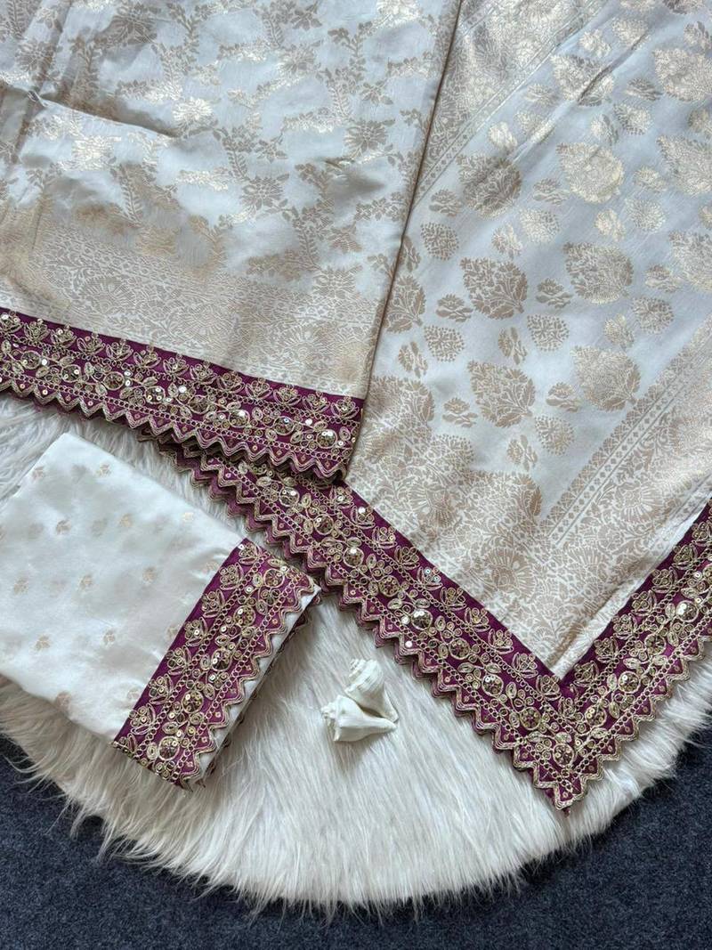 White color embroidery coding & sequence border work silk saree