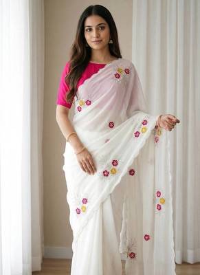 White Color  Handwork Khatali Butta With Cutdana Sequence work  Silk Saree 1
