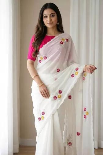 White Color  Handwork Khatali Butta With Cutdana Sequence work  Silk Saree