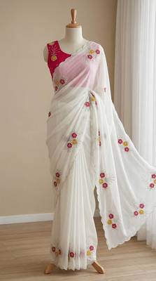 White Color  Handwork Khatali Butta With Cutdana Sequence work  Silk Saree 2
